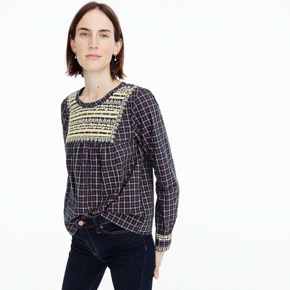 J. Crew Tops - J Crew Embroidered Peasant Top Plaid Gold Filigree